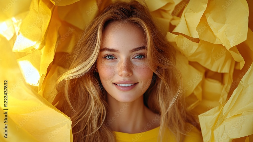 Fototapeta premium Bright and Cheerful Woman Surrounded by Yellow Paper Background