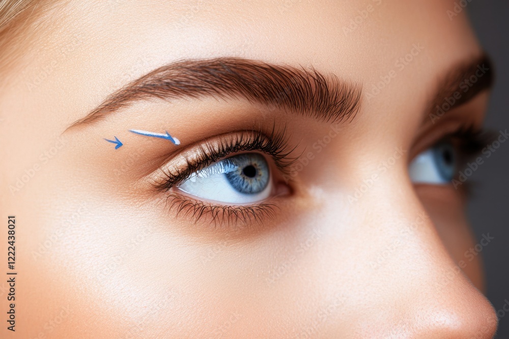 Closeup of Lady’s Eye With Arrows For Oculoplastic Surgery Direction. Closeup of Lady’s Eye With Arrows For Oculoplastic Surgery Direction.