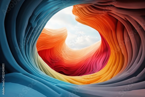 An abstract cavern scene immerses viewers in flowing shapes of color, inviting them into a mesmerizing world of vibrant reds, oranges, and blues in a dynamic textures exploration. photo