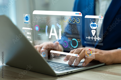 Businessman use artificial intelligence AI technology for enhanced work efficiency data analysis and efficient tools, Unlocking work potential with AI solutions chatbot help solve work problems.