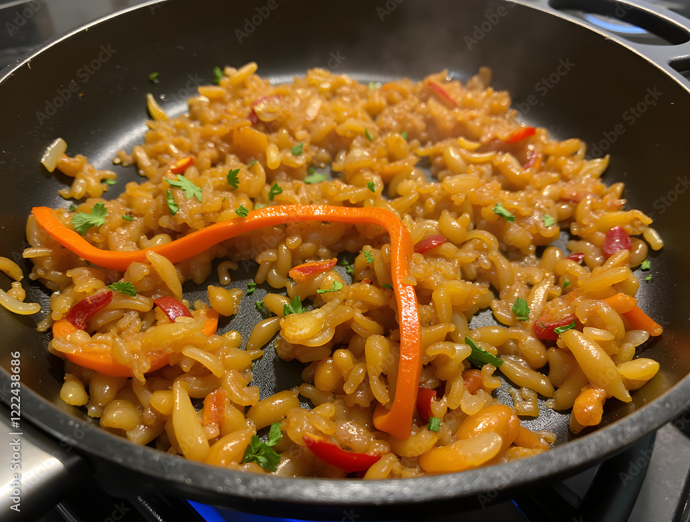 Sauteed onions and peppers with parsley in a black skillet. Sauteed onions and peppers with parsley in a black skillet.