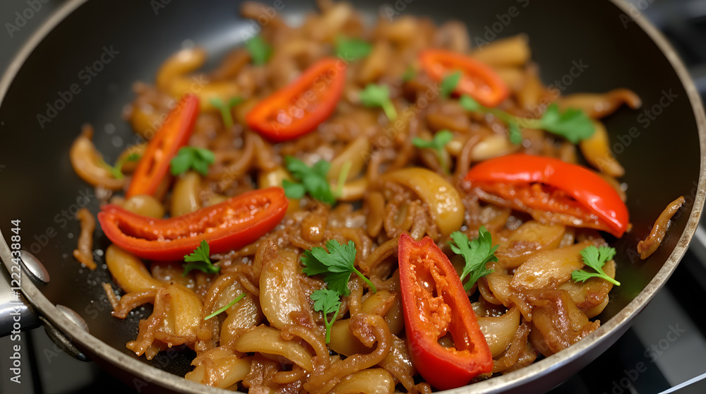 Sauteed onions and peppers with parsley in a black skillet. Sauteed onions and peppers with parsley in a black skillet.