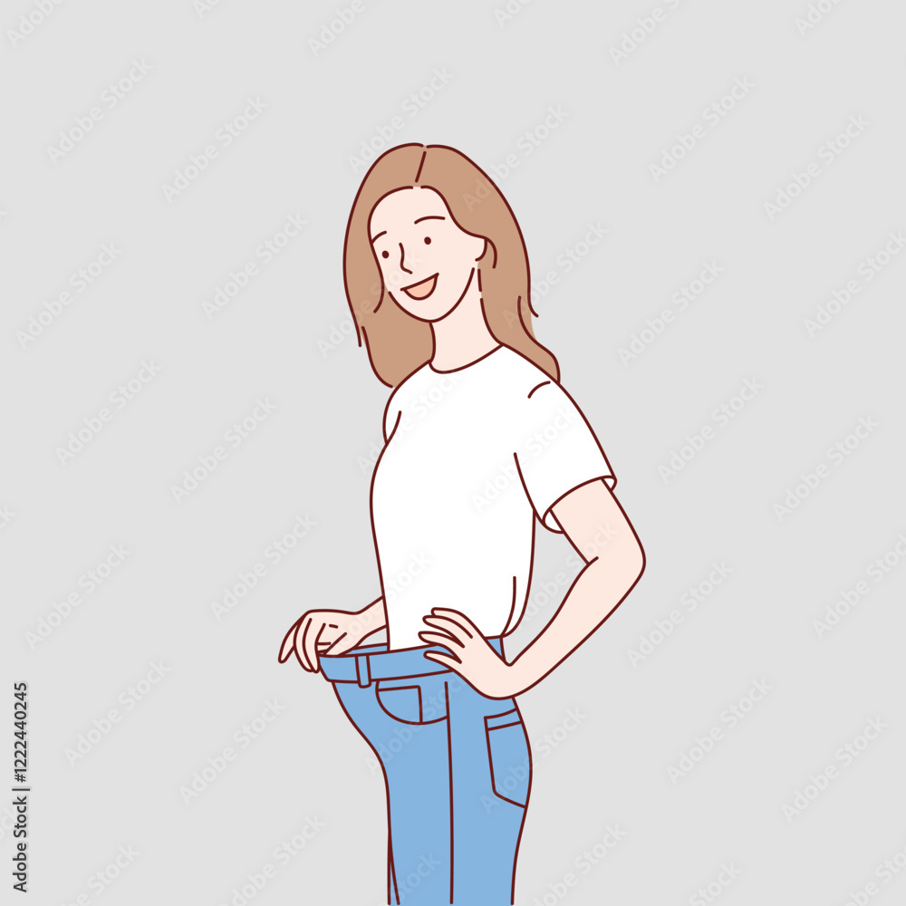 Girl character in good shape after diet. Hand drawn vector illustration Girl character in good shape after diet. Hand drawn vector illustration
