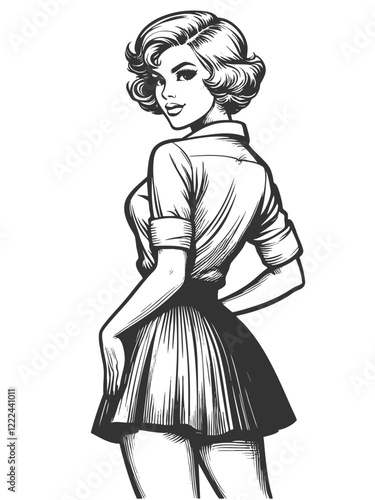 pin-up woman, smiling and dressed in a tied blouse and skirt, evoking 1950s style sketch engraving generative ai fictional character vector illustration. Scratch board imitation. Black and white image