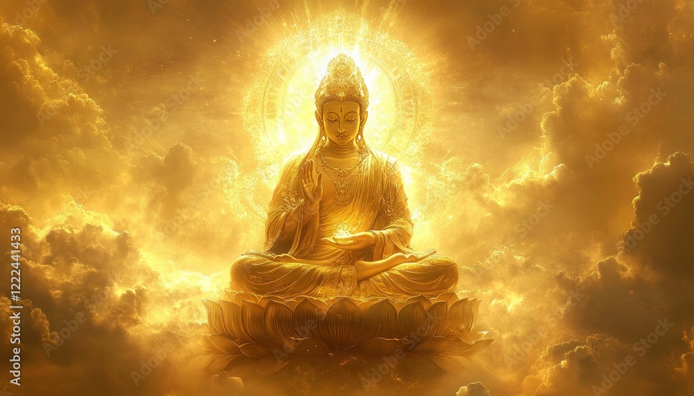 Golden Buddha in Meditation Surrounded by Luminous Clouds of Peace and Enlightenment Golden Buddha in Meditation Surrounded by Luminous Clouds of Peace and Enlightenment