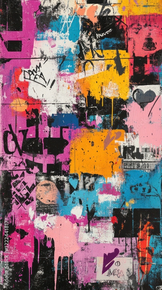abstract pattern in vibrant colors, showcasing layers of paint, stencils, and spray-painted graffiti