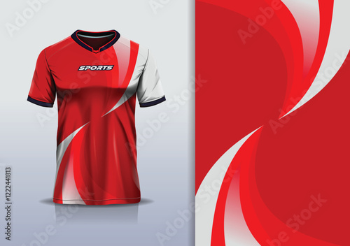 T-shirt mockup abstract curve line sport jersey design for football, soccer, racing, esports, running, in red white color