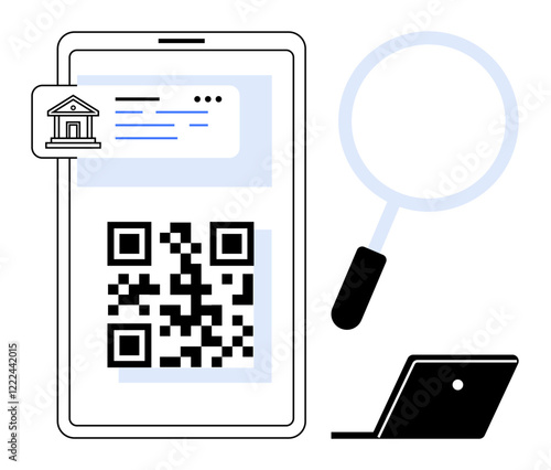 Mobile device with QR code, bank building icon. Magnifying glass and laptop nearby. Ideal for mobile banking, secure payments, data analysis, financial technology, digital verification