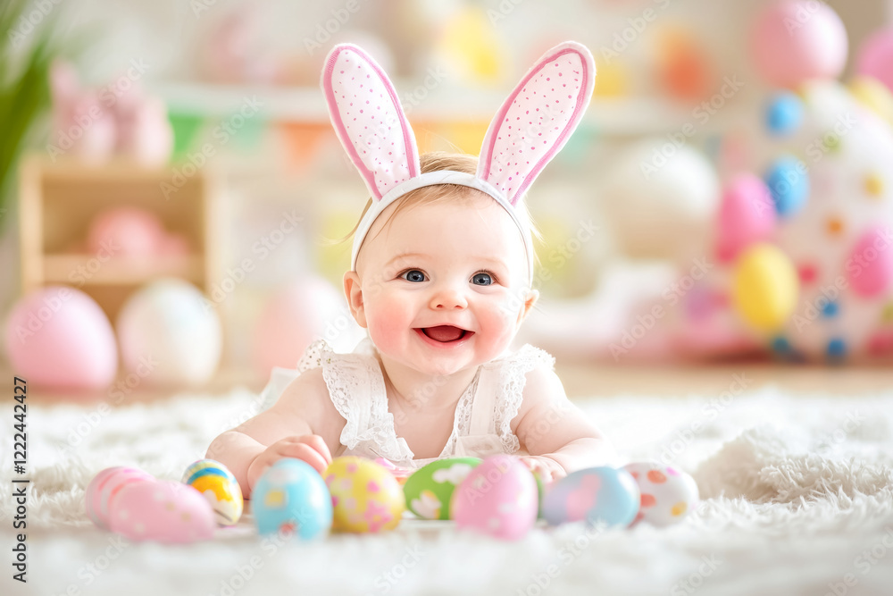 Smiling baby girl in bunny ears surrounded by pastel Easter eggs.
Smiling baby girl in bunny ears surrounded by pastel Easter eggs.