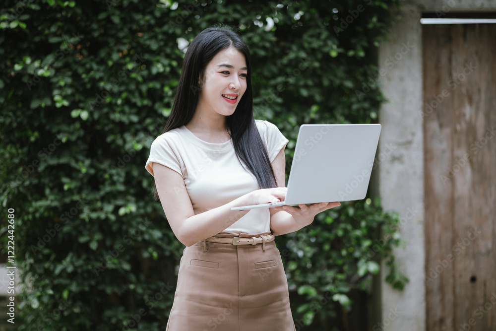 A confident young Asian woman is working on her laptop in a vibrant park. E-banking and career aspirations in a modern lifestyle. A confident young Asian woman is working on her laptop in a vibrant park. E-banking and career aspirations in a modern lifestyle.