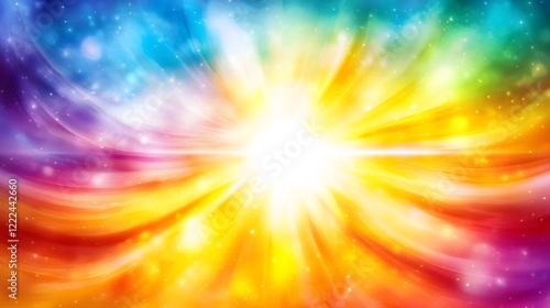 Vibrant Rainbow Burst Abstract Background, Colorful Light Rays, Glowing Energy, Starry Galaxy, Festive Design