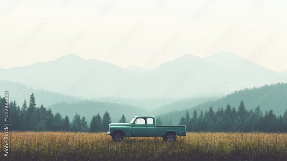 Fototapeta premium Vintage teal pickup truck in a field with mountain background.