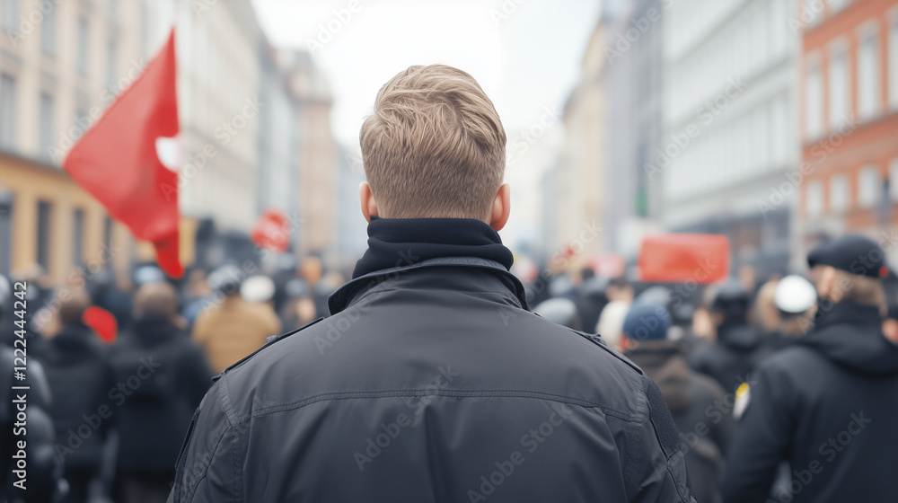 Fototapeta premium A Lone Figure in a Sea of Dissent: A lone figure, seen from behind, stands amidst a bustling protest, a red flag fluttering in the background, his gaze fixed on an unknown horizon.