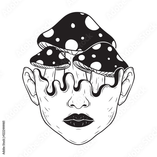 tattoo and t-shirt design black and white hand drawn melted face with mushroom premium vector