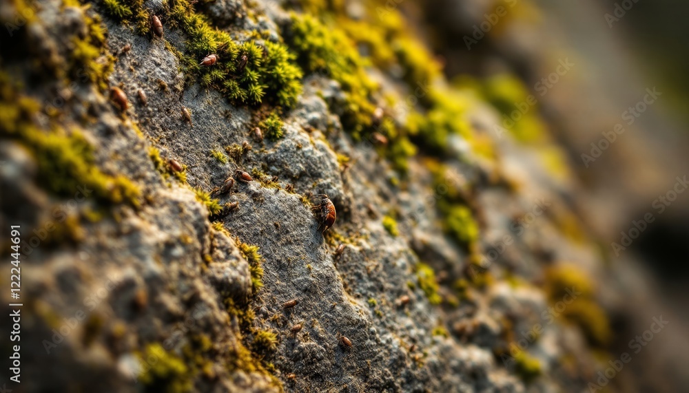 Tiny insects climb moss covered rock surface in a macro photography shot Tiny insects climb moss covered rock surface in a macro photography shot