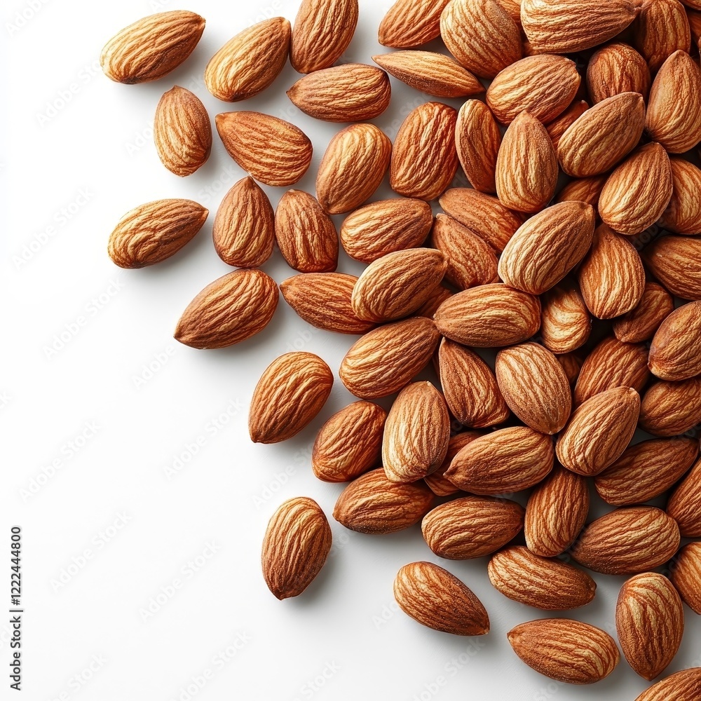 Handful of Warm Brown Almonds Scattered on Clean White Background Handful of Warm Brown Almonds Scattered on Clean White Background