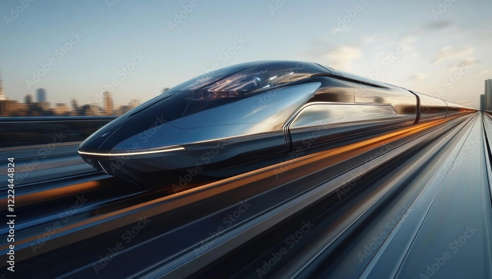 Obraz premium Futuristic High-Speed Train Zooming Through Cityscape