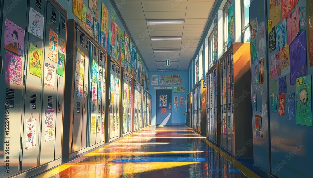 School Hallway Artwork Lockers, Sunlit Floor, Anime Style Illustration School Hallway Artwork Lockers, Sunlit Floor, Anime Style Illustration