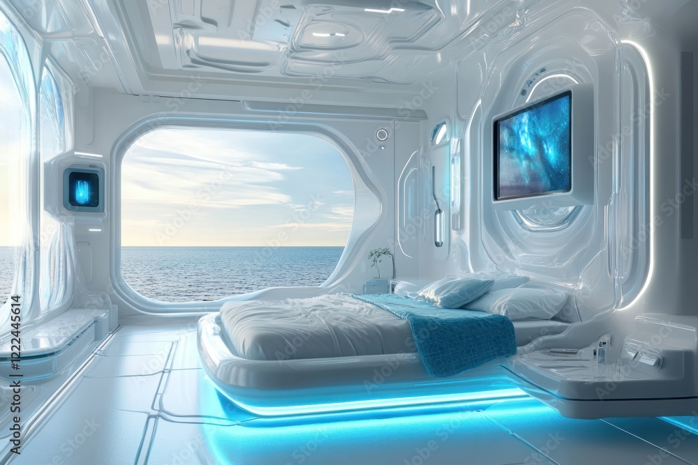 Obraz premium Futuristic Seascape Bedroom: A Modern Ocean View Suite