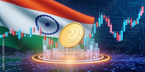 a golden Indian rupee coin with stock market graphs, india economy and finance, economic growth.