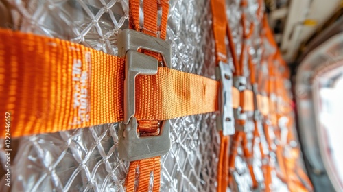 Close-up of orange safety straps securing a mesh netting in a vehicle interior photo