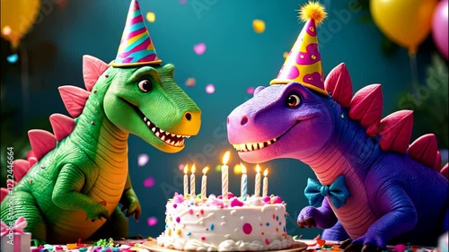 Two cheerful dinosaur friends celebrate a birthday party with a cake and confetti