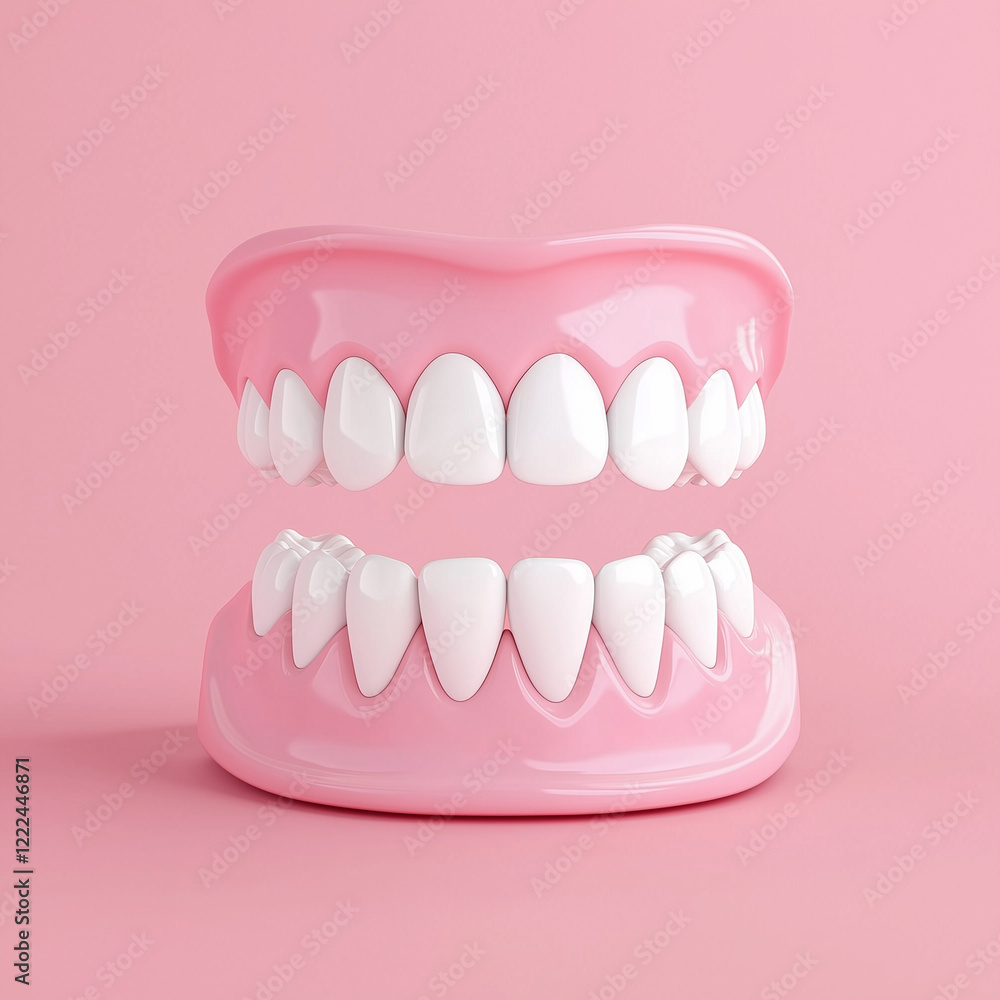 Fototapeta premium Pink teeth mold in vibrant pink color, dental model, dental care, bright and colorfuldentistry, dental ad, product packaging, educational material, website, social media, brochure, catalog.