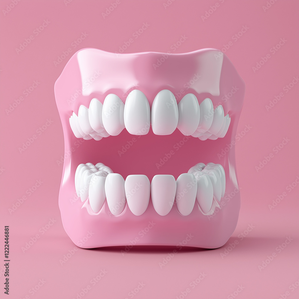 Fototapeta premium Pink teeth mold in vibrant pink color, dental model, dental care, bright and colorfuldentistry, dental ad, product packaging, educational material, website, social media, brochure, catalog.