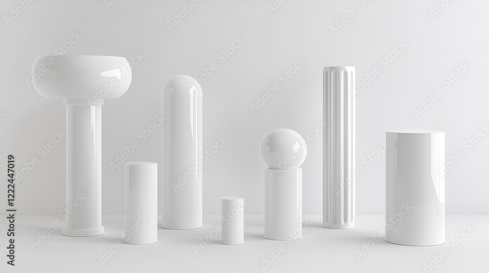 White pillar display pedestals in different geometric shape. Realistic 3d vector platform mockup - slim stand with round top, cylindrical column with cap, segmented vertical mount, simple tubular base White pillar display pedestals in different geometric shape. Realistic 3d vector platform mockup - slim stand with round top, cylindrical column with cap, segmented vertical mount, simple tubular base