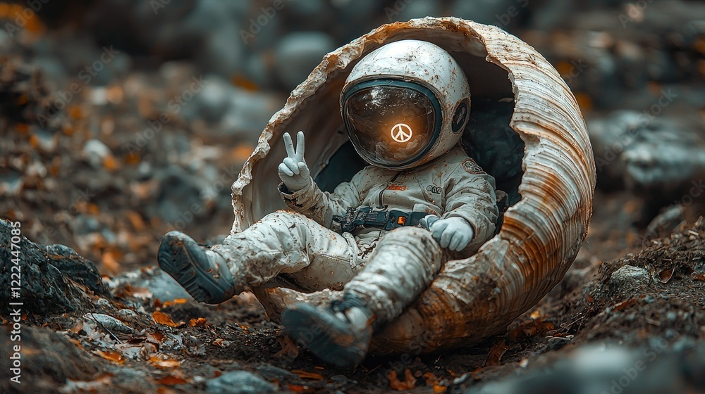 Astronaut Peace Sign Inside Broken Shell Earth Astronaut Peace Sign Inside Broken Shell Earth