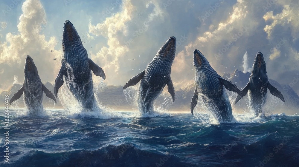 A group of whales breaching in unison, their bodies glistening in the sunlight, with a vast ocean and a distant island in the background. A group of whales breaching in unison, their bodies glistening in the sunlight, with a vast ocean and a distant island in the background.