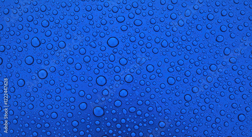 Panoramic banner of water drops on blue metal