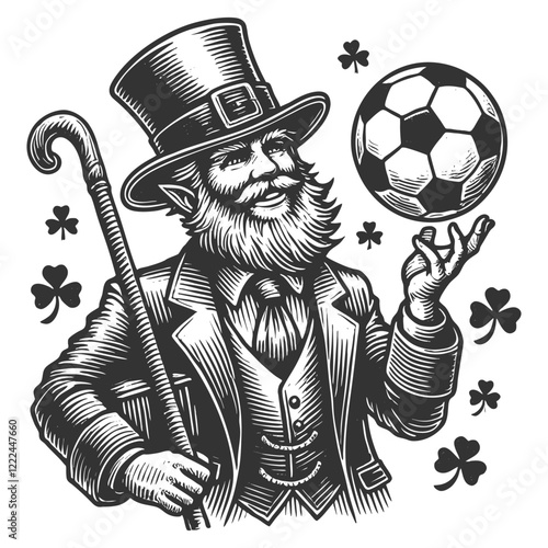 leprechaun with a soccer ball, smoking a pipe, holding a cane, and surrounded by shamrocks sketch engraving generative ai vector illustration. Scratch board imitation. Black and white image.