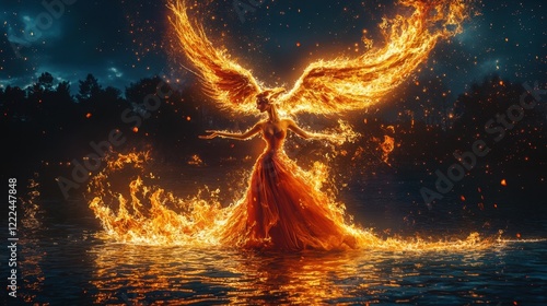 A hyper-realistic portrait of fiery majectic blazing feathered phoenix fluttering above a fire woman. A woman elegantly dances below on the lake. photo