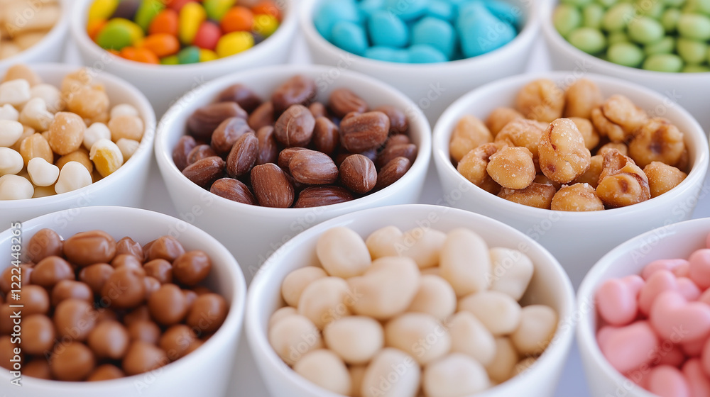 Colorful Coated Nuts and Candies: An overhead shot showcasing a delightful array of colorful coated nuts and candies in small white bowls. Colorful Coated Nuts and Candies: An overhead shot showcasing a delightful array of colorful coated nuts and candies in small white bowls.