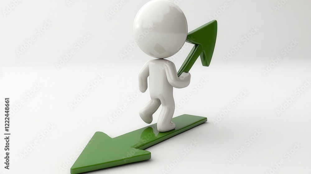 A 3D character figures moving forward while holding a green arrow, symbolizing progress and growth in goals, business, or personal achievements in a modern design. A 3D character figures moving forward while holding a green arrow, symbolizing progress and growth in goals, business, or personal achievements in a modern design.