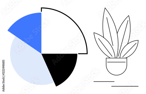 Pie chart in blue, black, and white segments alongside minimalistic potted plant illustration. Ideal for business planning, presentations, data visualization, modern office, infographic design