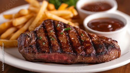 Grilled Sirloin Steak with Fries and Sauce: A juicy, perfectly grilled sirloin steak, boasting delicious grill marks.