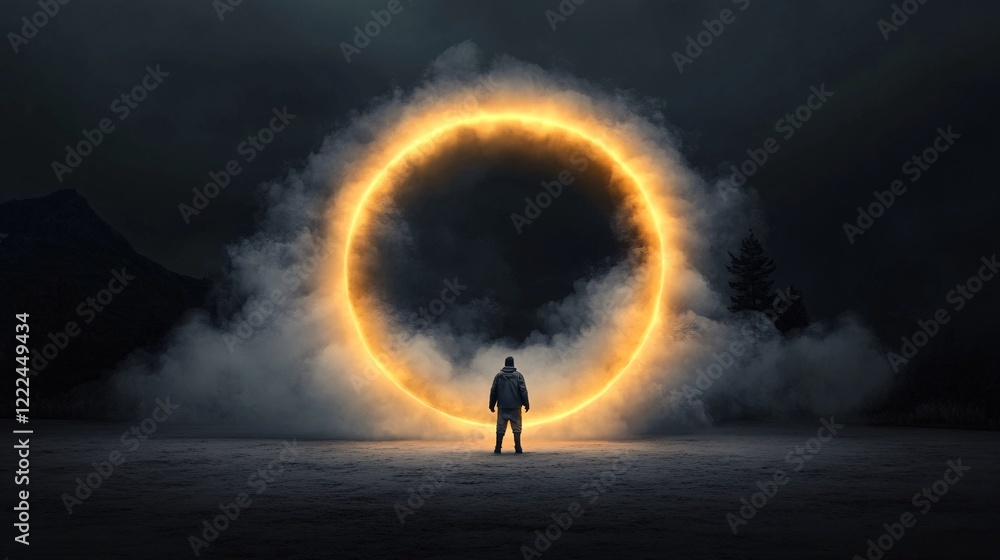 Fototapeta premium Man Standing Alone Before Glowing Ring in Dark Foggy Landscape