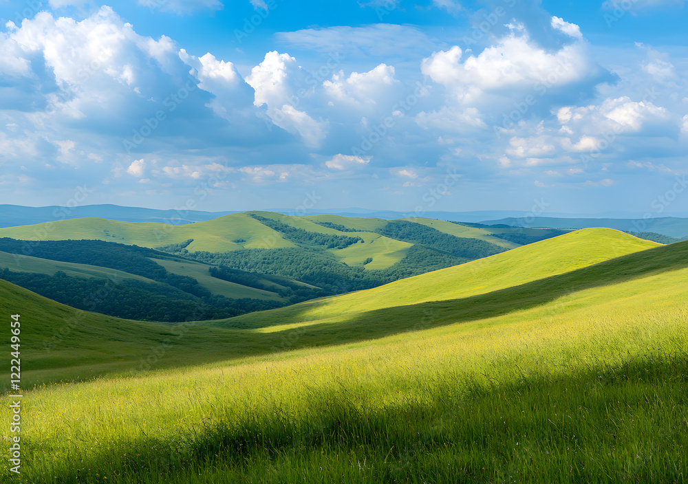 Fototapeta premium Sunny Green Meadow with Rolling Hills and Fluffy Clouds