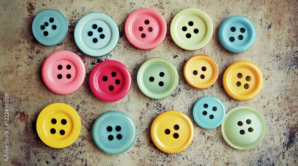 Colorful Pastel Buttons on Rustic Background Flatlay Colorful Pastel Buttons on Rustic Background Flatlay