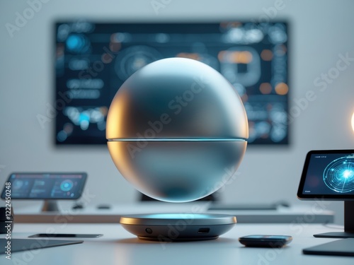 Exploring the future of technology with floating agentic AI device in a modern workspace