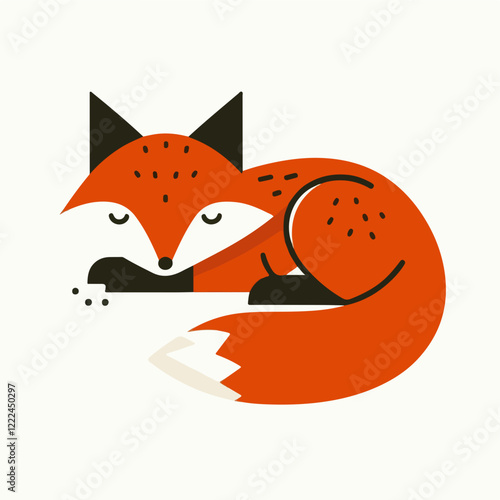 Sleepy Fox Illustration: A charming and minimalist illustration of a red fox curled up for a peaceful nap, with a cute, cartoonish style. perfect for children's books, greeting cards, and home decor.