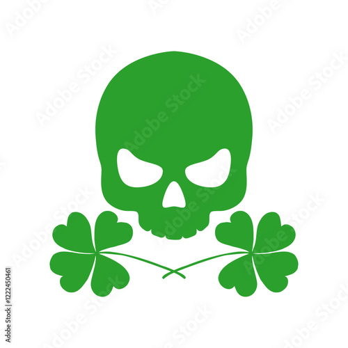 Día de San Patricio. Logo con silueta de 2 tréboles de cuatro hojas cruzados con calavera humana, para tarjetas y felicitaciones