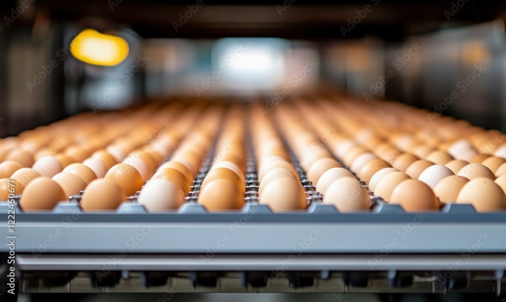 Eggs on Automated Conveyor Belt in Factory Eggs on Automated Conveyor Belt in Factory