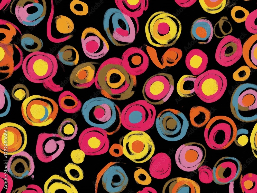 Vibrant Abstract Circular Pattern: A Colorful Symphony of Painted Circles on Black Canvas Vibrant Abstract Circular Pattern: A Colorful Symphony of Painted Circles on Black Canvas
