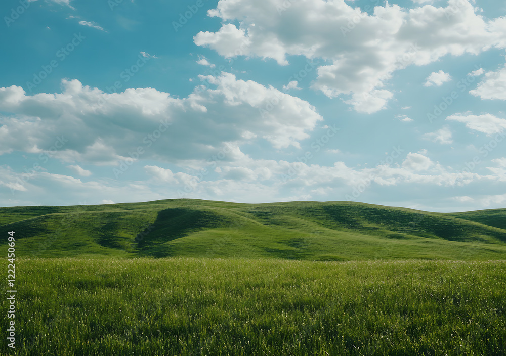 Sunny Green Meadow with Rolling Hills and Fluffy Clouds Sunny Green Meadow with Rolling Hills and Fluffy Clouds