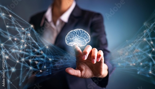 Hand Holding Human Brain - Futuristic Concept of Intelligence, science and mind ,brain, ai, artificia photo