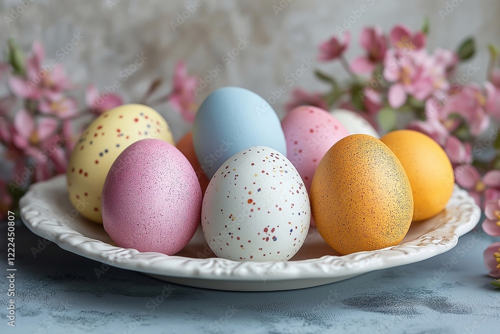 multi-colored eggs on a plate,Easter, multi-colored eggs on a plate,Easter,