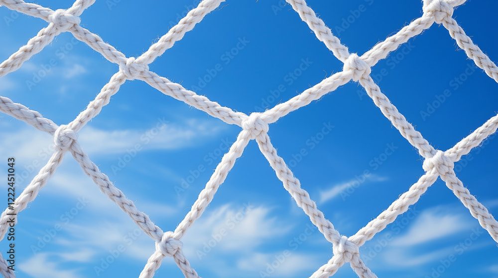 Netting and Sky: A detailed close-up shot of a white knotted net against a vibrant blue sky with fluffy clouds, creating a captivating interplay of texture and color. Netting and Sky: A detailed close-up shot of a white knotted net against a vibrant blue sky with fluffy clouds, creating a captivating interplay of texture and color.